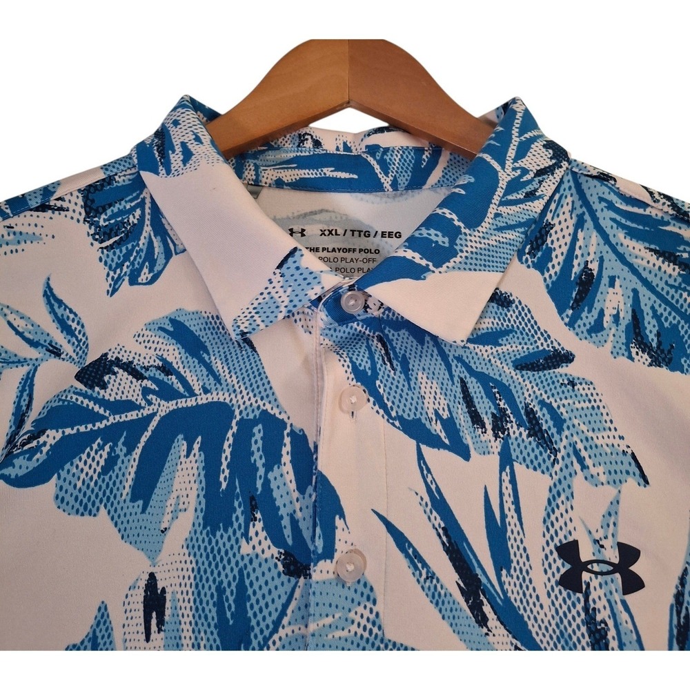 Under Armour Men 2XL Playoff Polo Shirt Blue Pink Tropical Palm Leaf Performance